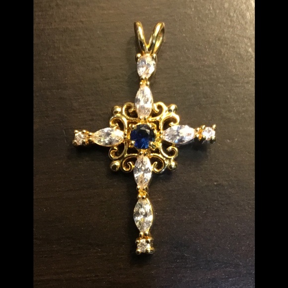 Stunning Sapphire & CZ Cross Pendant - Picture 1 of 2
